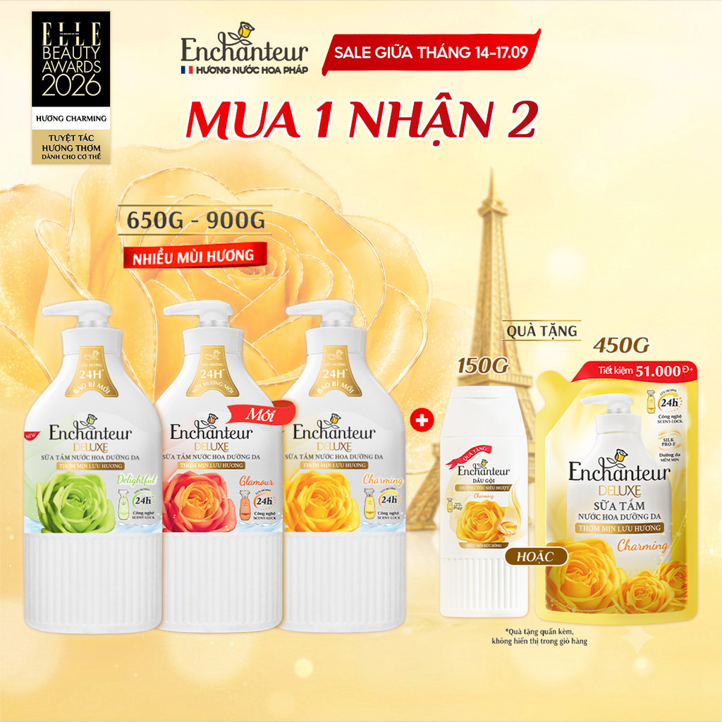 [TẶNG Túi 200G/ 450G] Sữa tắm hương nước hoa Pháp Enchanteur Deluxe 650g / 900g (Tặng mùi ngẫu nhiên