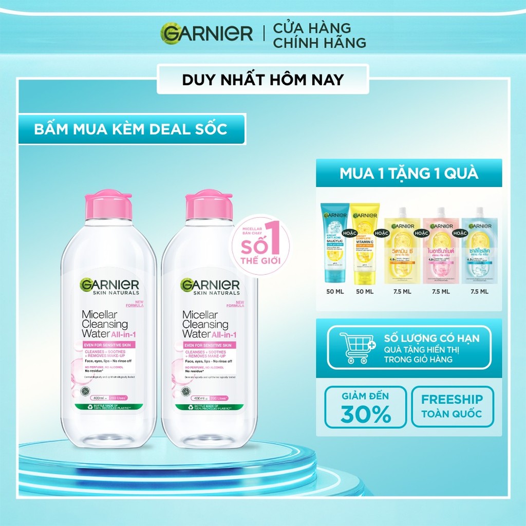 Bộ 2 nước làm sạch và tẩy trang cho da nhạy cảm (nắp hồng) Garnier 400ml x 2