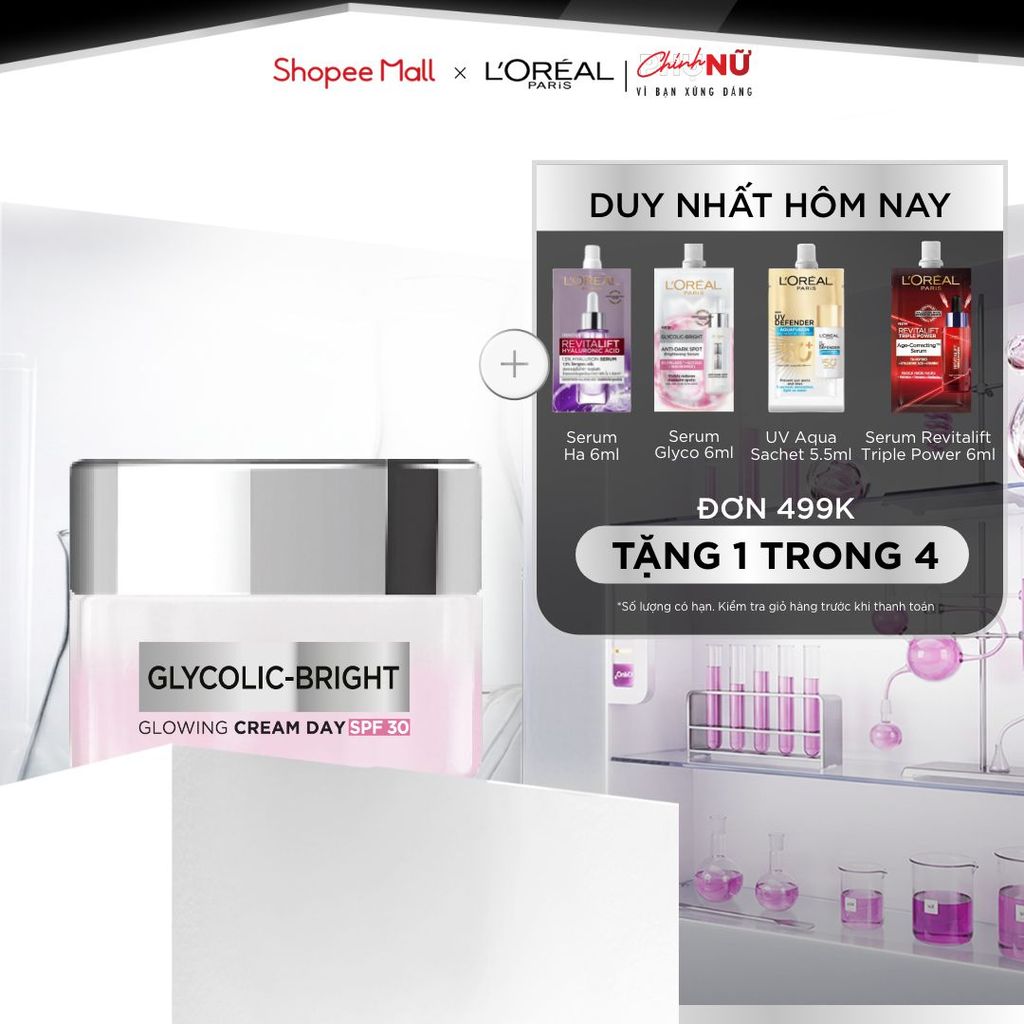 Kem dưỡng ban ngày dưỡng sáng mịn & mờ thâm nám L'Oreal Paris Glycolic (AHA) Bright [Glycolic + Niacinamide] SPF 30 50ml