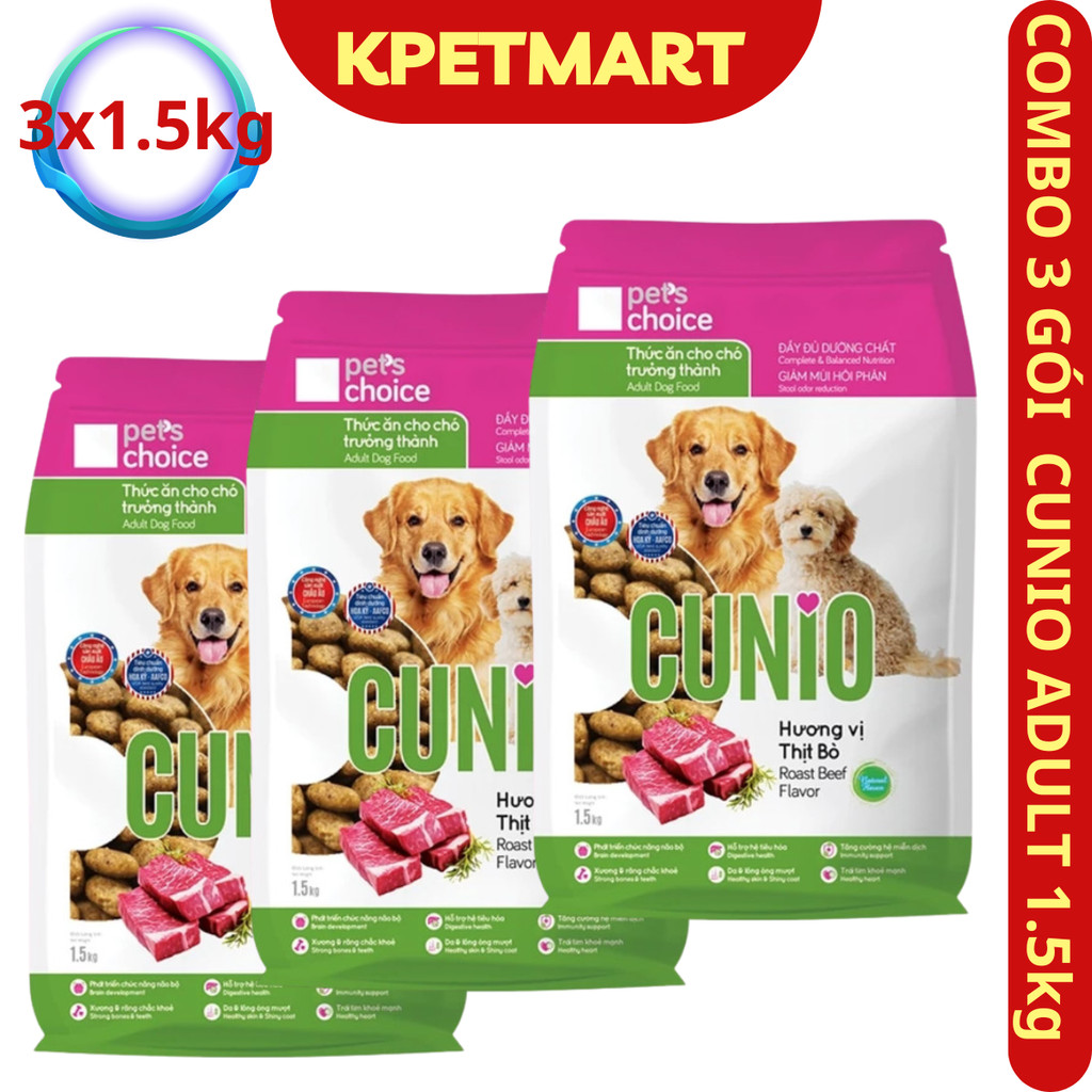 <3x1.5kg> Combo 3 Gói Thức Ăn Cho Chó CUNIO Adult 1.5kg - Hạt Chó Trưởng Thành Vị Thịt Bò - KPETMART