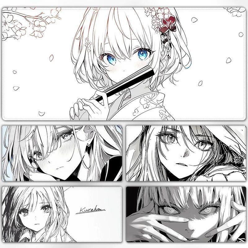 Manga Sakura Girl Mouse Pad - Thảm trải bàn cỡ lớn phác thảo màu trắng đen, Đế chống trượt dày 3mm