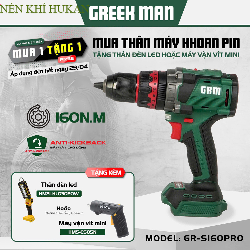 [TẶNG MÁY  ] Máy khoan pin GREEK MAN GR-S160PRO, 160Nm, Có chống lật cổ tay + Khóa trục