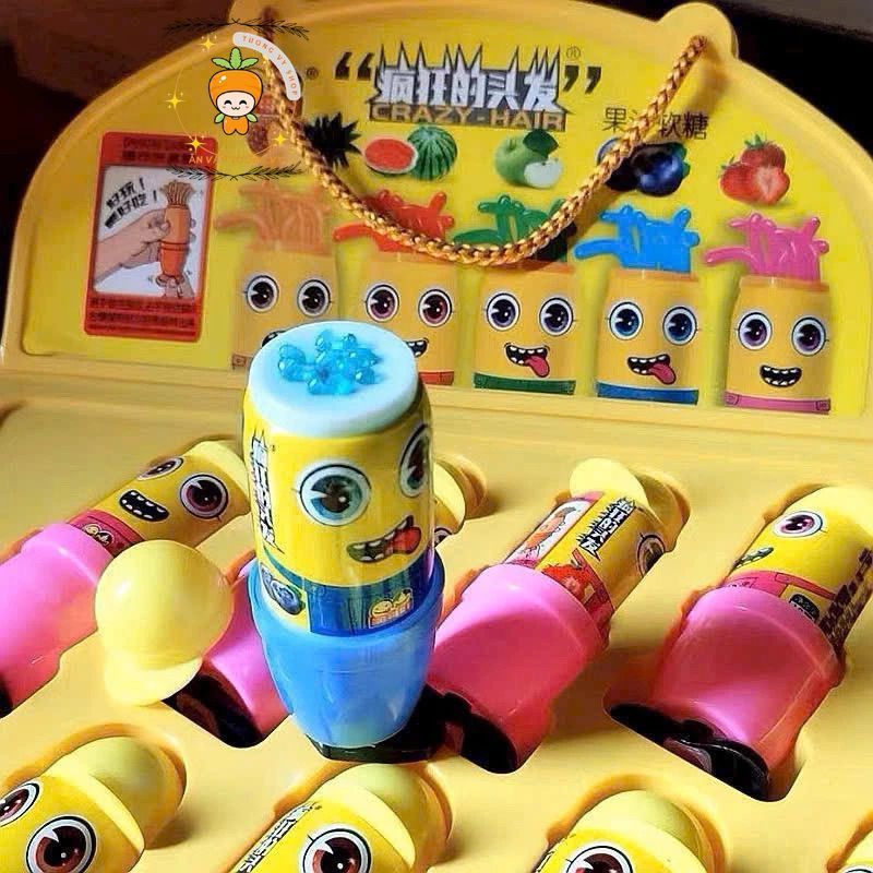 Vỉ 20 cây kẹo son minion, kẹo son minion đùn sợi tóc, kẹo son dẻo tóc dài minion