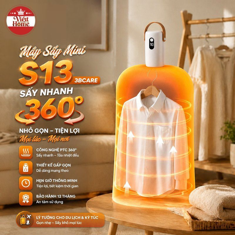 Máy Sấy Mini S13 3BCARE, PTC 360°, Gấp Gọn, Hẹn Giờ, Bảo Hành 12T, Dùng Du Lịch & Ký Túc.