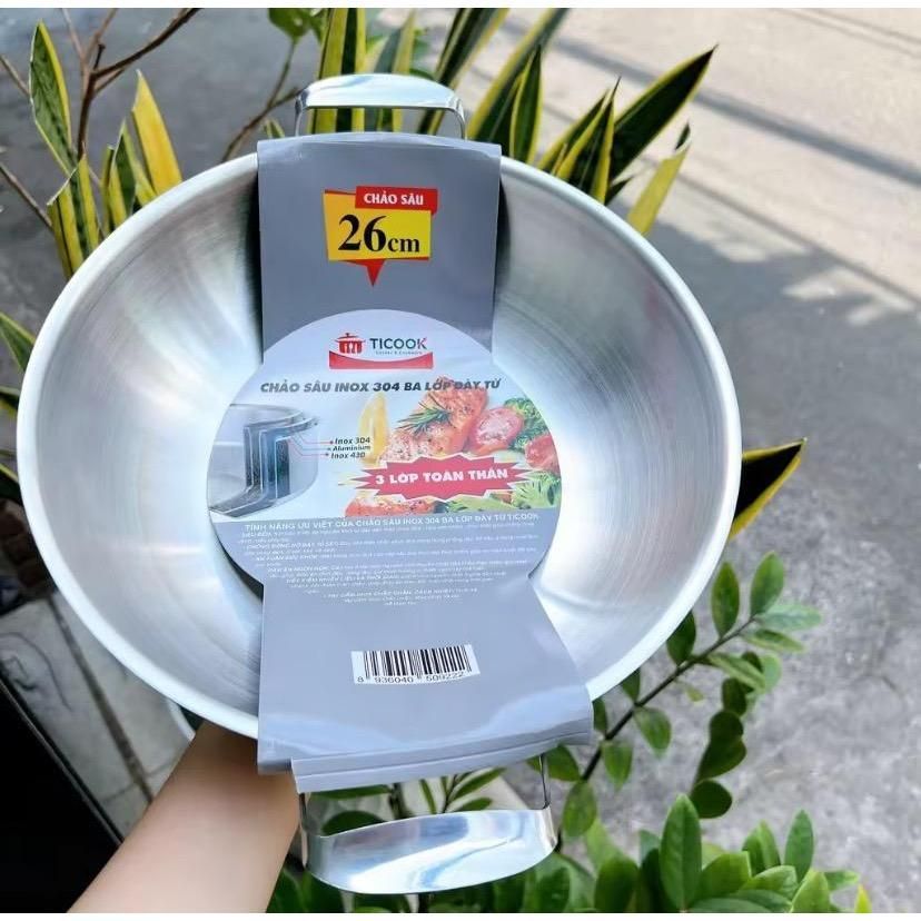 Chảo Inox Ba Lớp Đáy Từ Ticook - 2 quai sâu 3 lớp inox 304 size 20cm~32cm