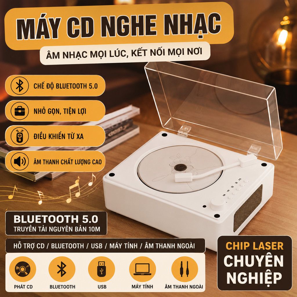 Máy phát CD phong cách cổ điển loa Bluetooth đĩa CD loa để bàn sạc pin máy nghe nhạc cho gia đình