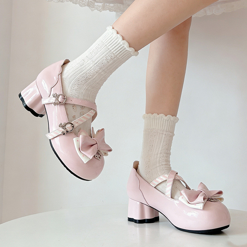 Dễ Thương Phù Hợp Với Giày Da Nhỏ lolita lo Giày Ngón Chân Tròn lolita Giày Đỏ Chấm Bi Nơ lolita Già