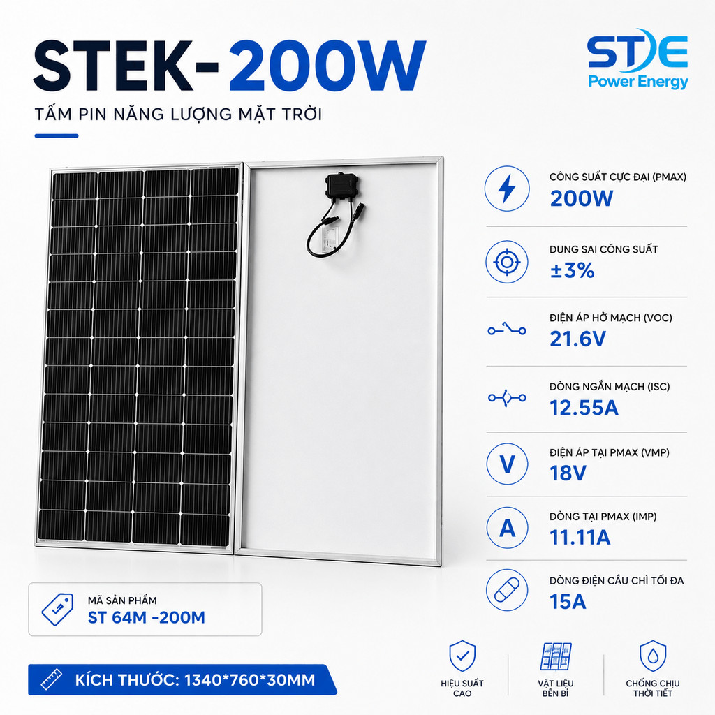 TẤM PIN NLMT THẾ HỆ MỚI MẪU STEK 200W 18V | HIỆU SUẤT CAO 1 MẶT KÍNH CÔNG SUẤT 200W | 1340x760x30mm