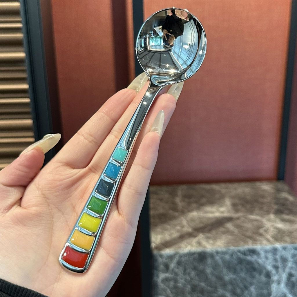New stainless steel ins Cute baby spoon, rainbow-colored soup spoon, loved by children for eating an