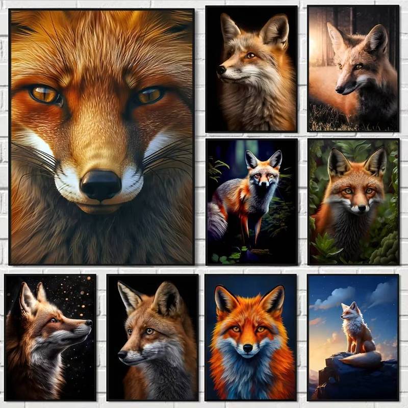 Smiling Cute Fox Painting Calligraphy Eco-Friendly Cotton Canvas Poster Waterproof Wall Art for Home