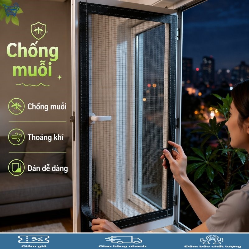 Màn chống muỗi tự dính cho cửa sổ, không cần khoan, mắt lưới mịn thoáng khí, khóa kéo dễ mở giúp lắp