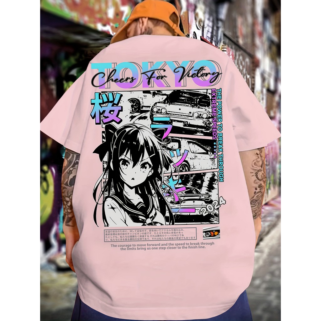 Áo thun nam hồng oversize in cô gái anime TOKYO gradient, phong cách Nhật street trẻ mát mẻ mùa hè.