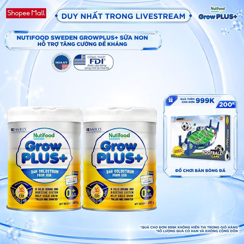 Combo 2 Sữa bột Nutifood GrowPLUS+ Vàng (Sữa Non Tăng Đề Kháng) 0-12 tháng (400g/Lon)