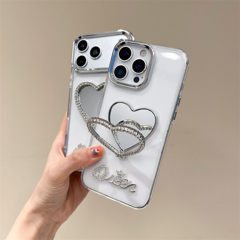 Ốp lưng gương trái tim đính đá Queen cho iPhone 13 / 14 / 15 / 16 / 17 / Pro / Pro Max / Plus