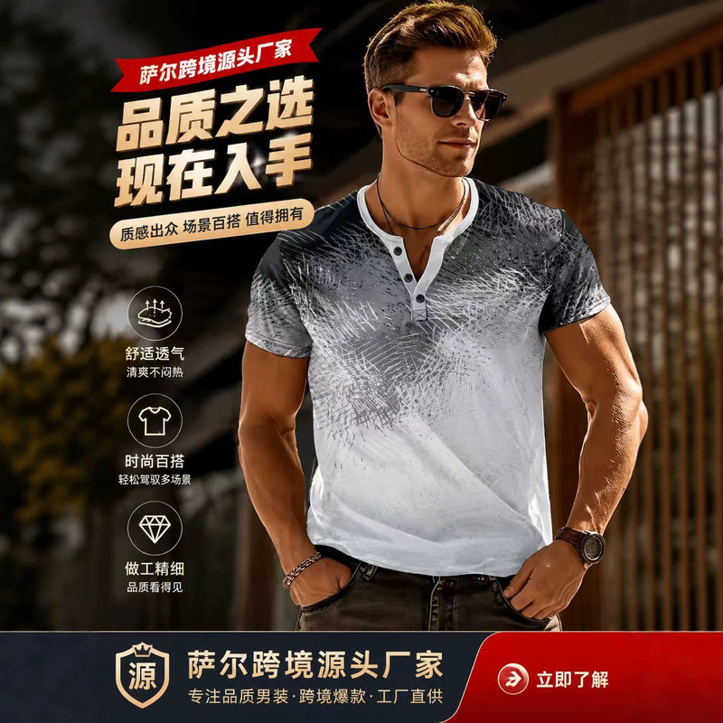 2024 Phong Cách Mới Nam Hàng Ngày Sọc Gradient Henry Cổ Áo Sơ Mi Tay Ngắn Henry