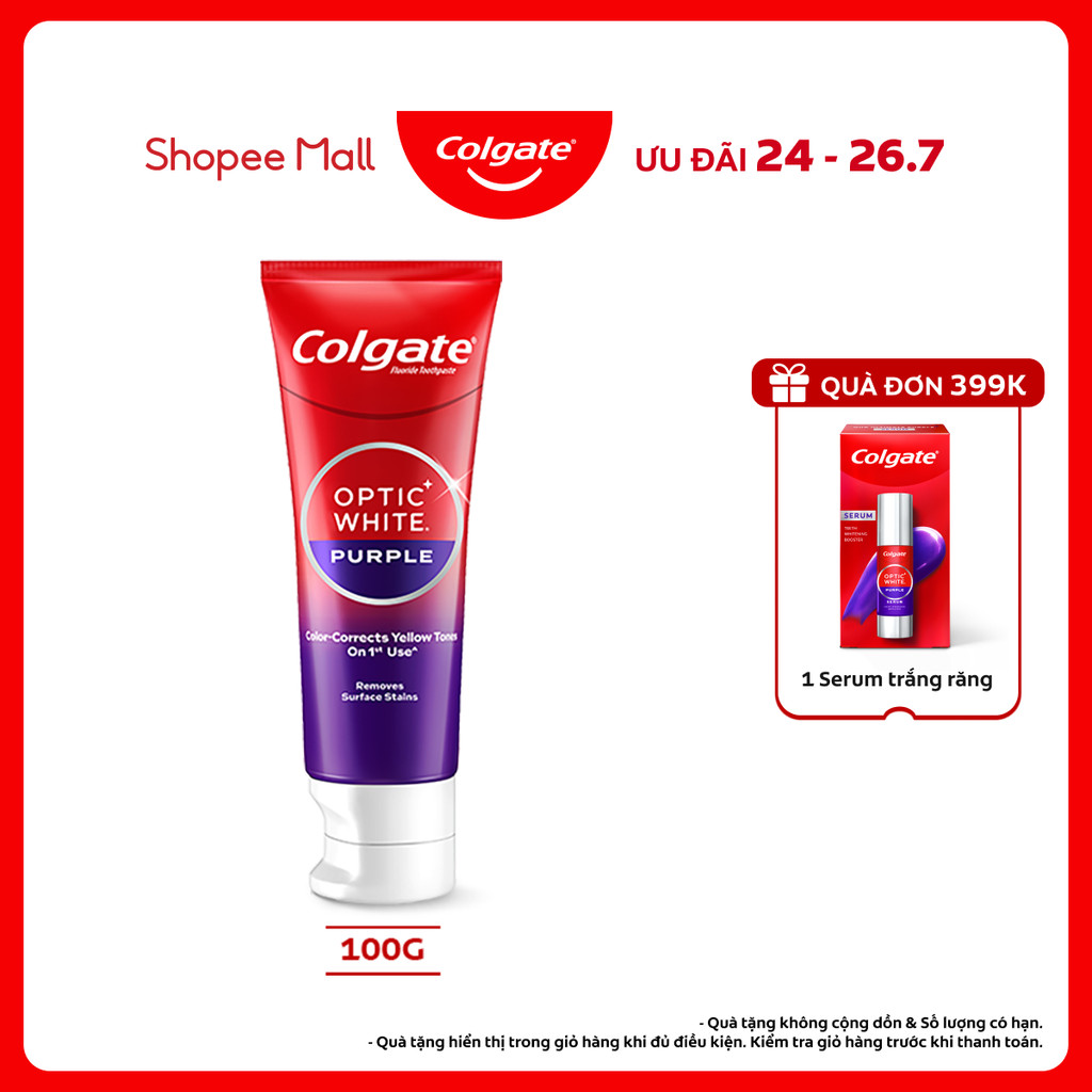 Kem Đánh Răng Colgate trắng răng Optic White Purple 100g công nghệ sắc tím, trung hòa ố vàng tức thì