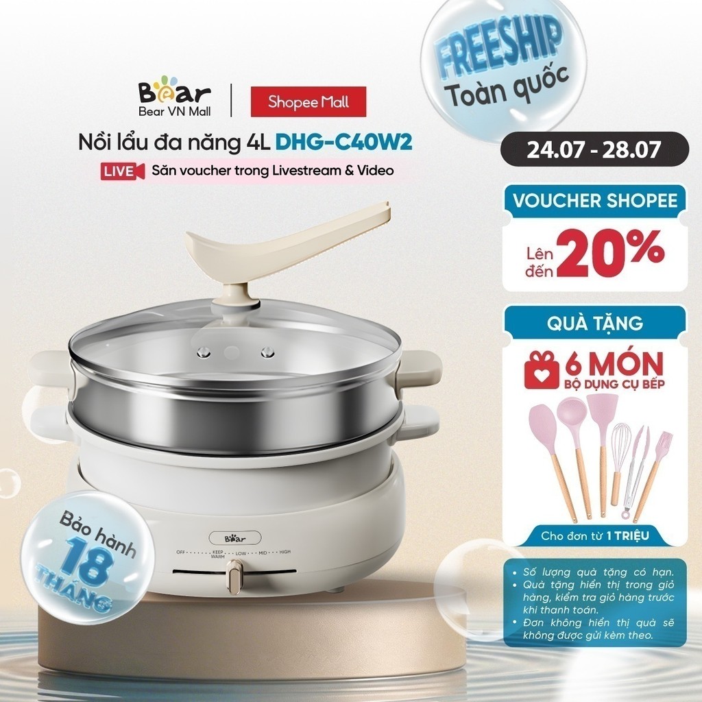 Bộ Nồi Lẩu Nướng Bear 3 khay 3in1 DHG-C40W2 - Hàng Chính Hãng