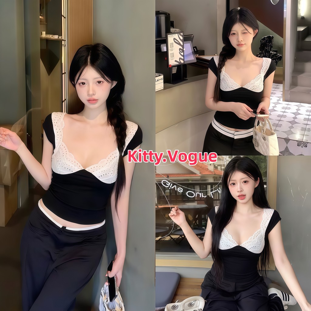 Kitty.Vogue Nữ Tay Ngắn Ren Slim Fit Vải Mềm Mặc Nó Và Nhìn Mỏng Hơn Phong Cách Hàn Quốc Màu A2461