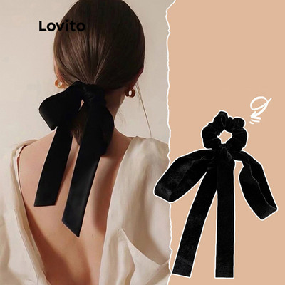 Lovito thanh lịch Dây buộc tóc thông thường Dây buộc tóc cơ bản trơn dành cho nữ LNA09058 (Đen)