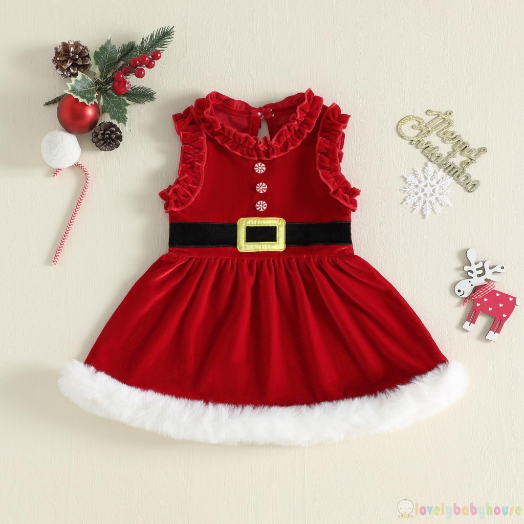 LBH-Baby Bé Gái Váy Nhung Giáng Sinh Không Tay Lông Viền Váy Ông Già Noel