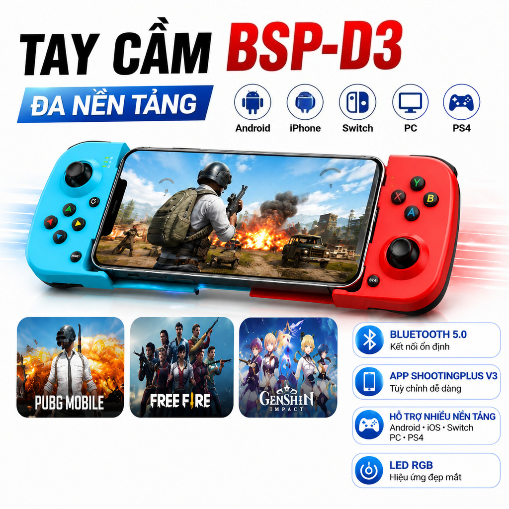 Tay cầm chơi game BSP-D3 D5 dùng cho Switch/Android/PC đa nền tảng có LED, SD APP ShootingPlus V3