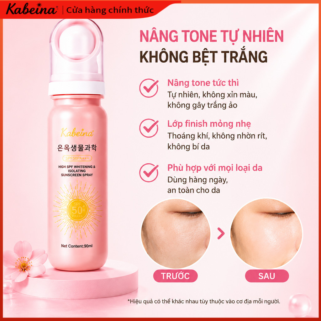 KABEINA Xịt Chống Nắng SPF50+ PA++++ Dạng Xịt Kiềm Dầu Chống Tia UV Làm Dịu Da Khô Nhanh Không Bết D