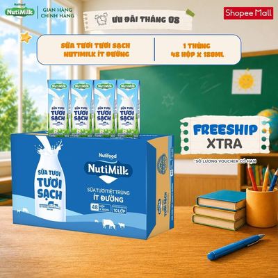Thùng 48 Hộp Sữa Tươi Tươi Sạch NutiMilk Ít Đường 180ml