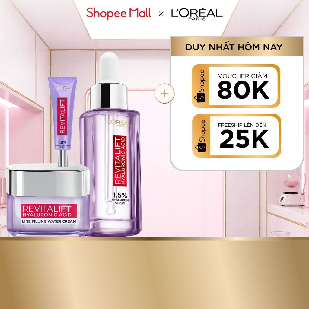 Bộ Serum Cấp Ẩm Sáng Da 30ml, 7.5ml và kem dưỡng 15ml siêu cấp ẩm giảm nếp nhăn L'Oreal Paris Revitalift Hyaluronic Acid