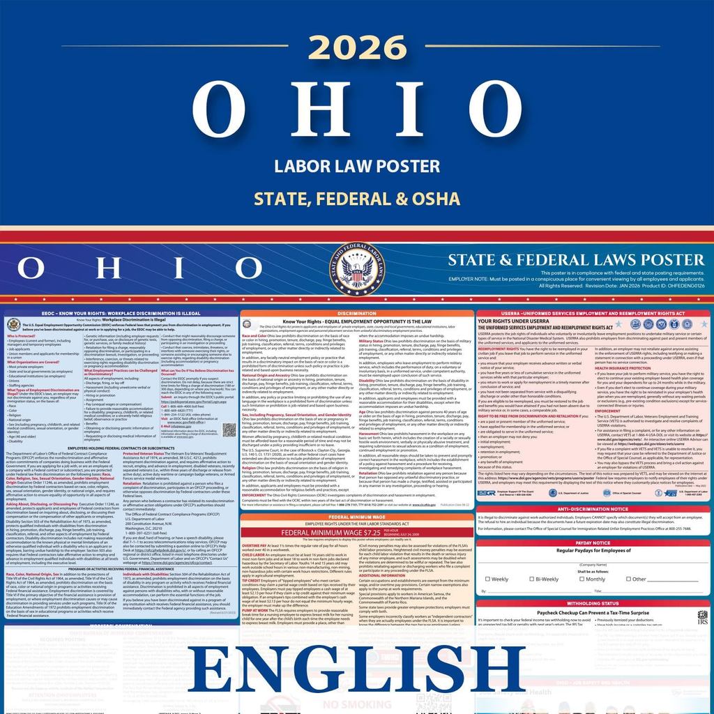 Áp phích luật lao động Ohio State, Federal, OSHA Compliant, 2026 All-in-One 24x36 inch UV chống thấm