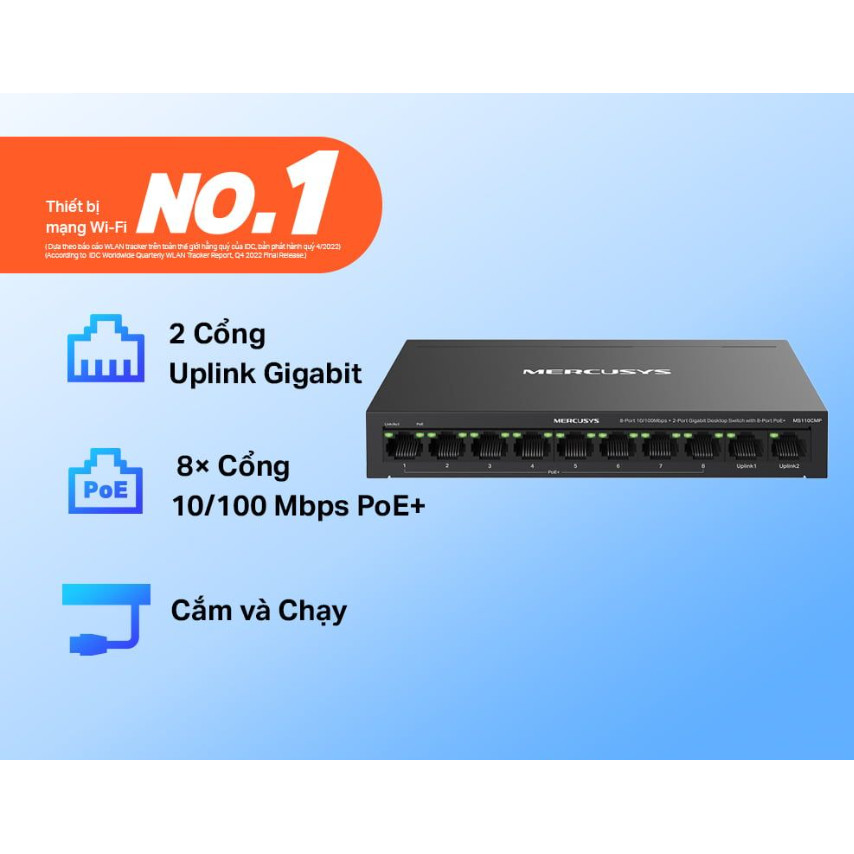 Switch Mercusys MS110CMP 8 Cổng 10/100 Mbps + 2 Cổng Gigabit với 8 Cổng PoE+