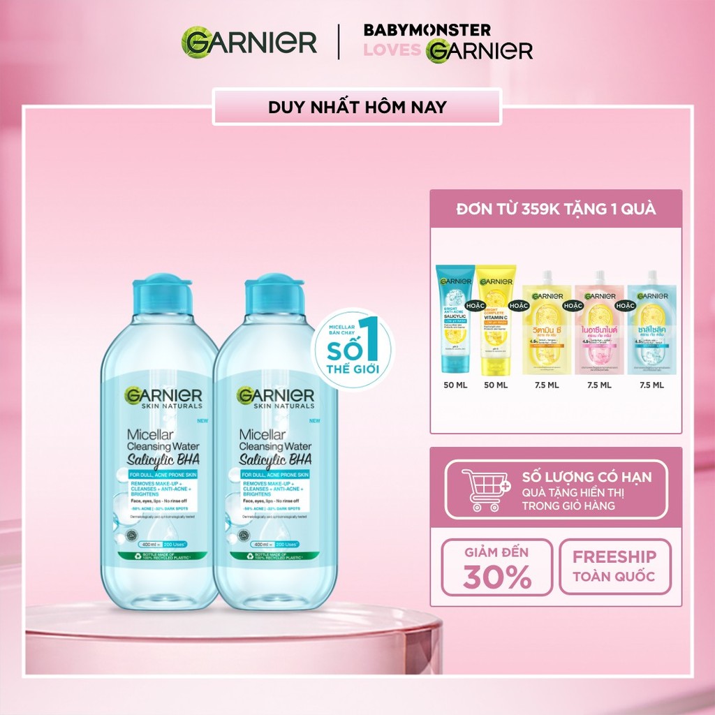 Bộ 2 Nước tẩy trang Garnier Cho Da Dầu Mụn Salicylic BHA Micellar 400ml x 2 (mới)