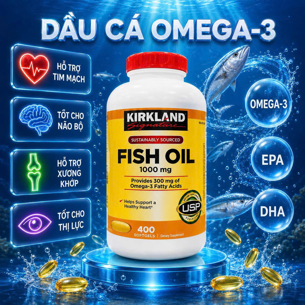 Viên Uống Dầu Cá Omega-3 Kirkland Fish Oil 1000mg (Hộp 400 Viên)
