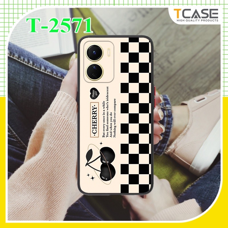 Ốp lưng Vivo Y16 4G in hình sọc caro và chery | Ốp chống sốc bảo vệ cam
