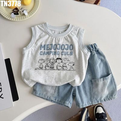 Bộ Áo Sát Nách Quần Short Denim Bé Trai Họa Tiết Nhóm Bạn Mùa Hè MINTSCLOSET TN3778