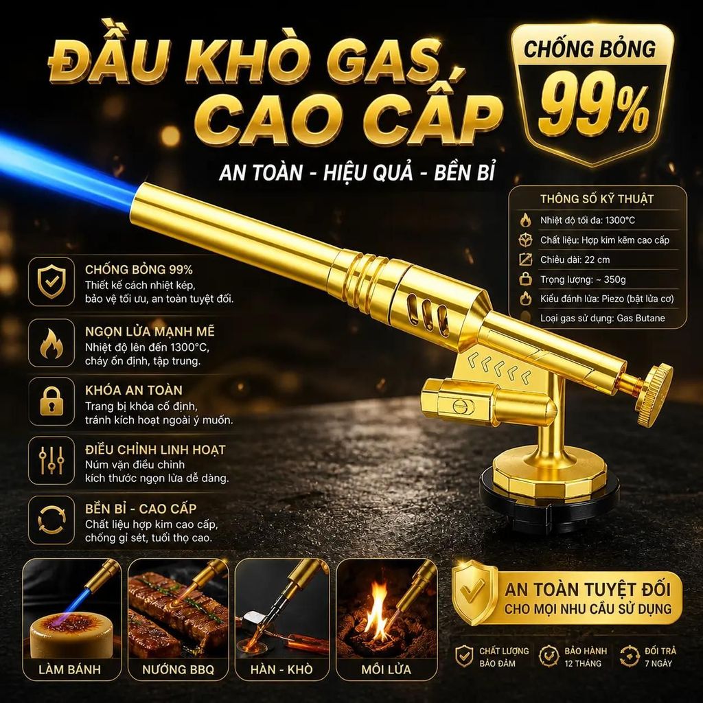 Đầu Khò Gas Mini, Đèn Khò Gas Cao Cấp Lõi Đồng ,Tự Động Đánh Lửa, Ống Dài Bền…