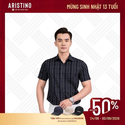 Áo Sơ Mi Nam Tay Ngắn Đen Kẻ Aristino Regular Fit Chất Liệu Sợi Tre Visco Cao Cấp ASS104AS3