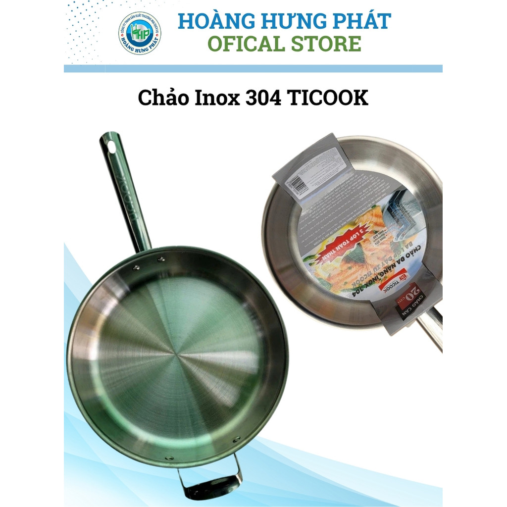 Chảo Inox 304 TICOOK, Chảo Cạn 3 Lớp Đáy Từ - Nhiều Kích Cỡ Lựa Chọn 24-32cm