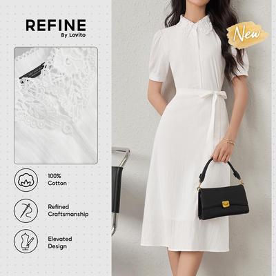 (New Arrival) (Refine by Lovito) Váy công sở bông thêu jacquard có thắt lưng hai lớp váy nữ trắng xuân hè DRR42P1D026