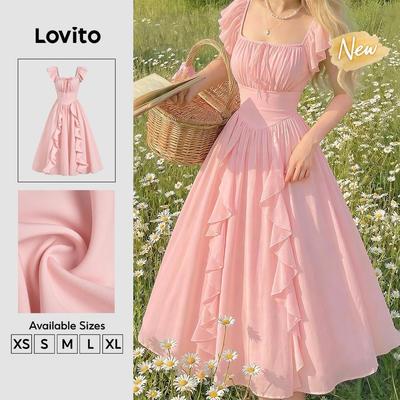 (New Arrival) Lovito Váy nữ màu hồng thanh lịch dáng chữ A xếp ly khóa kéo mùa xuân/hè DRK8P1D923