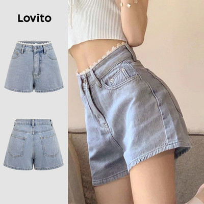 Lovito Phong cách thường ngày Quần Short Denim Dễ Thương Thích Hợp Mặc Hàng Ngày Đi Làm Đi Nghỉ Mát Du Lịch Có Khóa Kéo Và Nút Cài Màu Xanh Dương Thích Hợp Cho Mùa Xuân/hè Quần Short Denim Nữ Màu Xanh Dương L179AD164