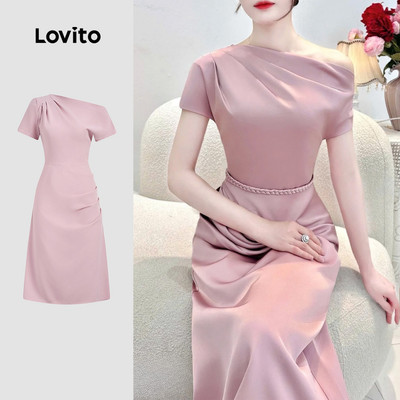 Đầm Lovito thanh lịch phong cách bất đối xứng mùa xuân/hè màu hồng cho nữ L164ED352