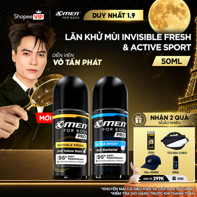[SVIP] [MỚI] Lăn Khử Mùi Xmen for Boss PRO 50ml Invisible Fresh & Ultra Sport 96H Giảm Mùi Mồ Hôi & Vệt Ố Vàng,Hương Nam