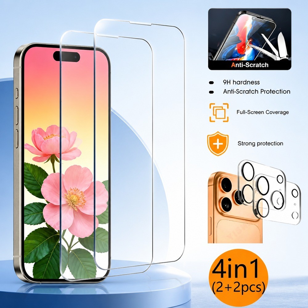4 in1 2 Chiếc Ống Kính Máy Ảnh + 2 Chiếc Kính Cường Lực Cho iPhone 15 15 Plus 16 16 Plus 17 18 Tấm B