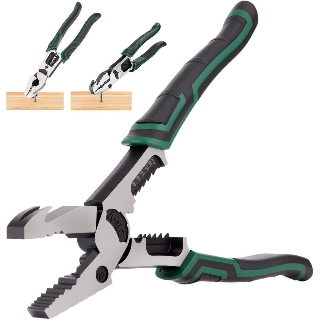 Heavy Duty Lineman Pliers,7-in-1 Multi-Tool with Wire Cutter, Crimper,Stripper & Nail Puller | 9"CRV