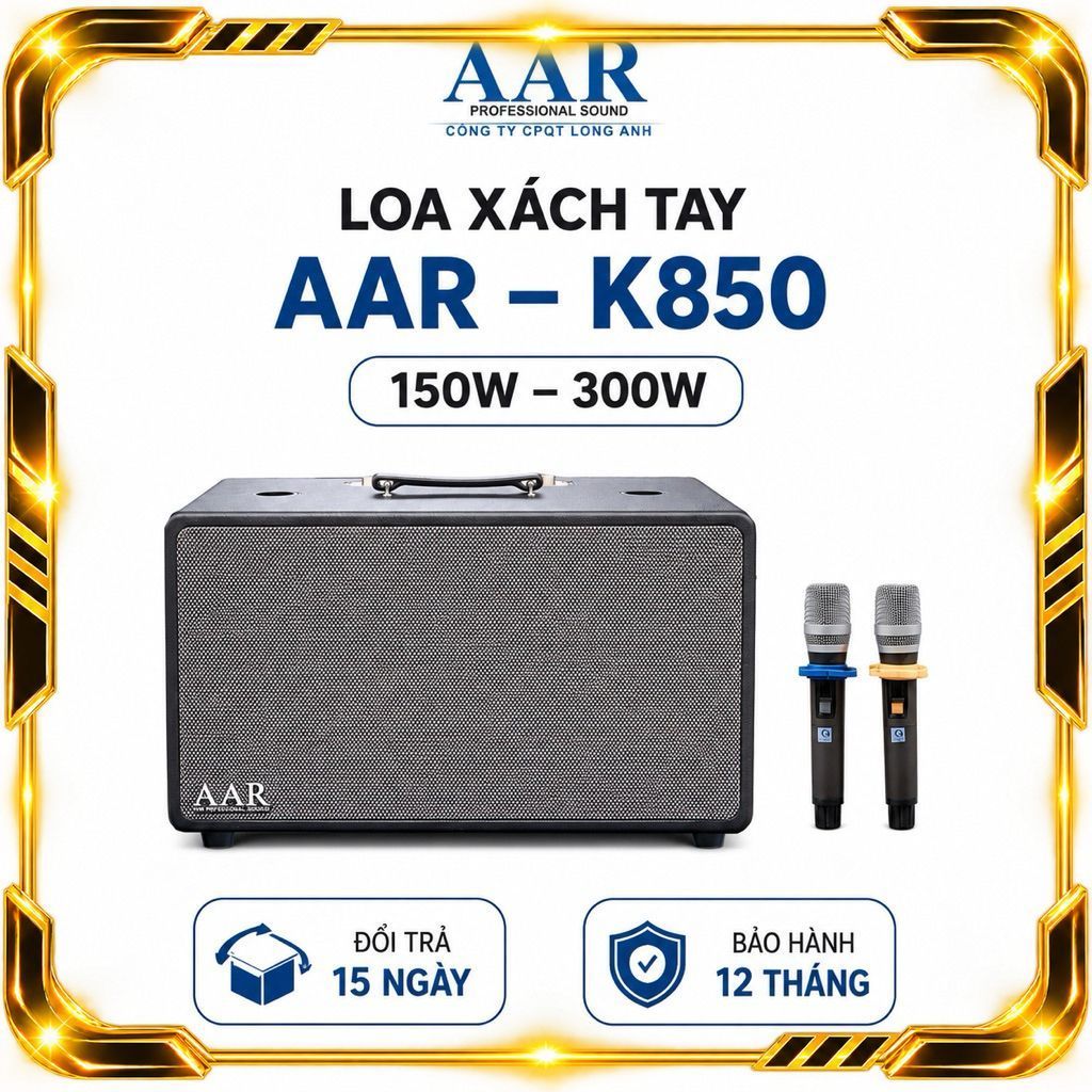 Loa Karaoke Xách Tay AAR K850 300W Kèm 2 Micro Không Dây UHF - Bluetooth 5.0, Pin Sạc, Hỗ Trợ USB/AU