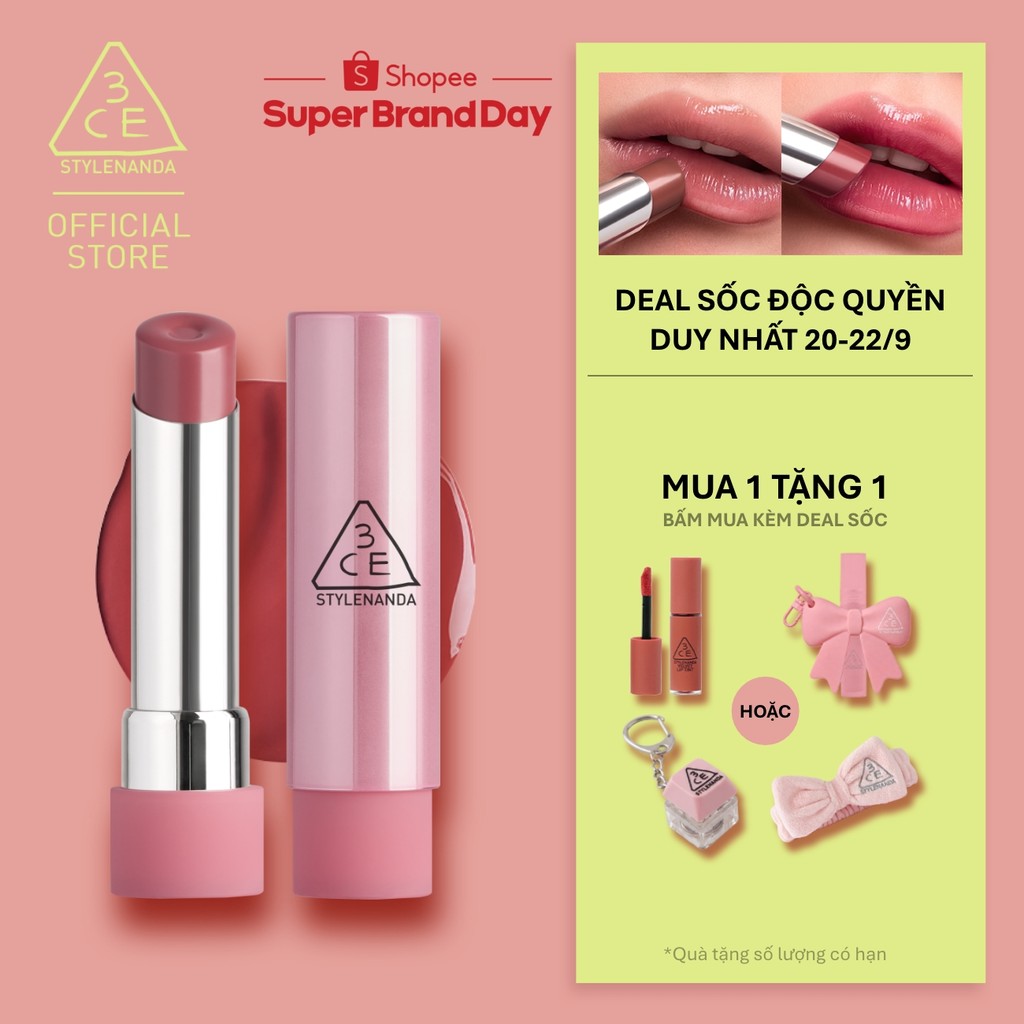 Son Bóng 3CE Glazy Lip Glow Dưỡng Môi Căng Mọng, Mềm Mịn, Lên Màu Chuẩn Sắc, Không Bết Dính, Tự Nhiên