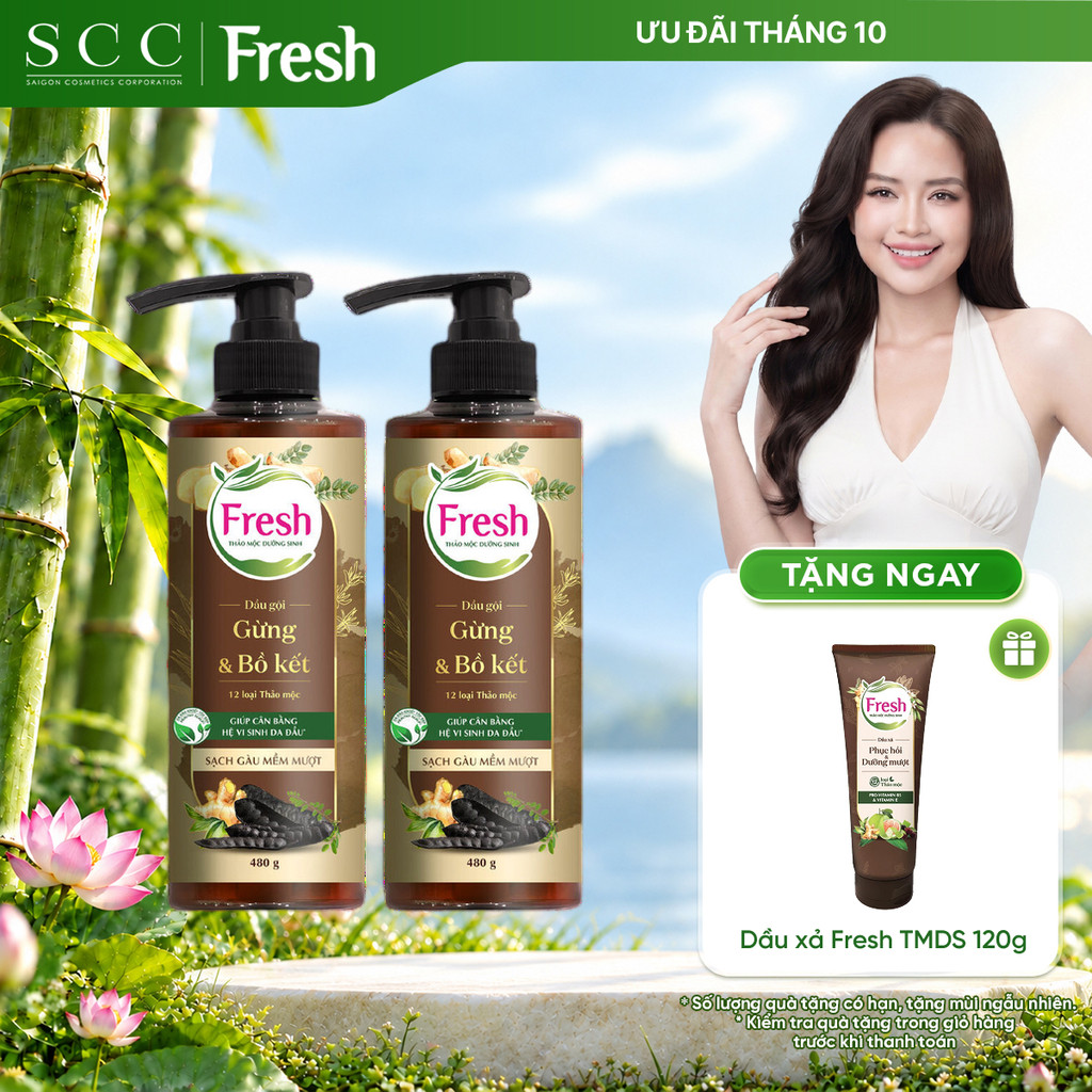 Combo 2 Chai Dầu Gội FRESH Thảo Mộc Dưỡng Sinh - Sạch Gàu Mềm Mượt 480g/chai