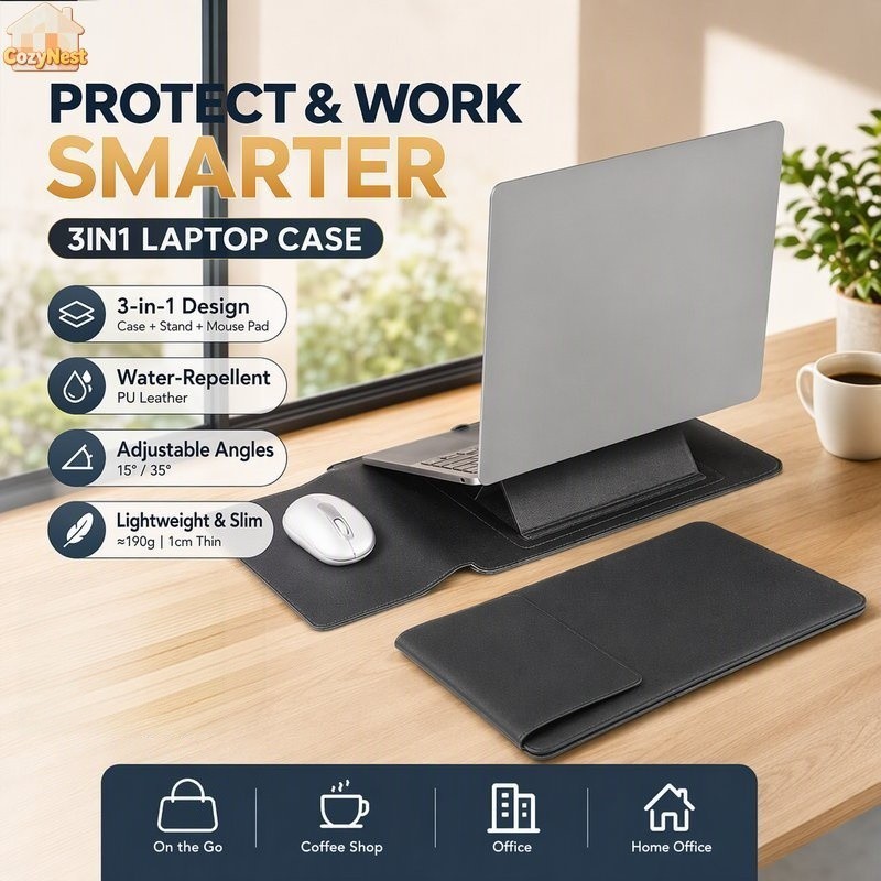 Túi chống sốc MacBook 14 inch PU chống thấm, lót chuột + giá đỡ gập 15°/35°, mỏng nhẹ đi làm
