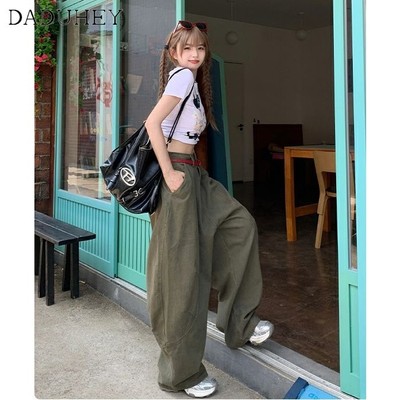 DaDuHey Women's American Retro Army Green Wide-leg Jeans Large Size Trousers