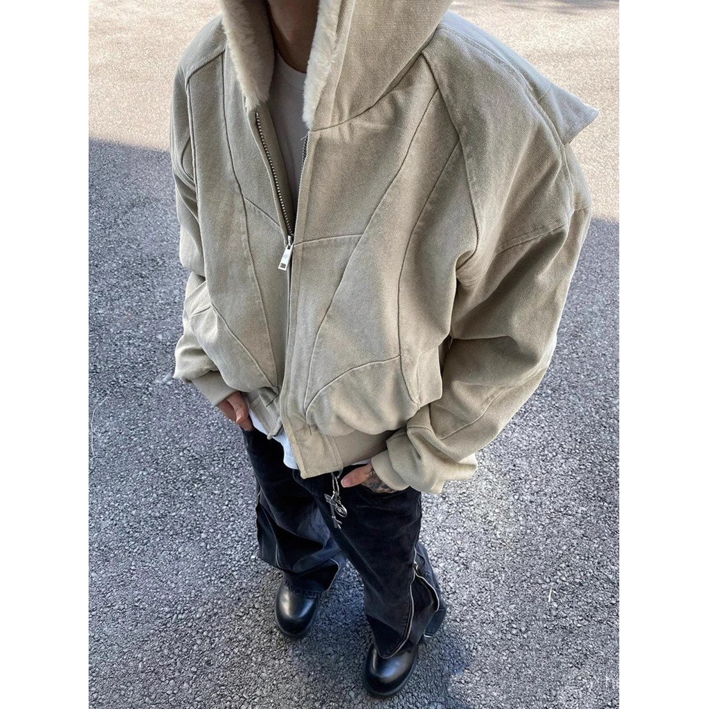 Vintage Jacket for Men and Women Winter Fleece Lined Thickened Workwear Washed Cotton Jacket Trendy